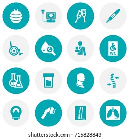 Set Of 16 Medical Icons Set.Collection Of Wheelchair Toilet, Thorax, Broken Neck And Other Elements.