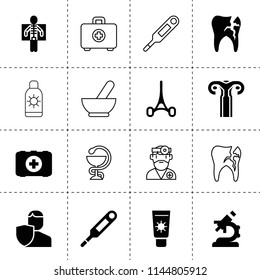 Set of 16 medicine filled and outline icons such as insurance, microscope, electronic thermometer, tooth, surgical scissors, x ray, uterus, first aid kit, medical bowl