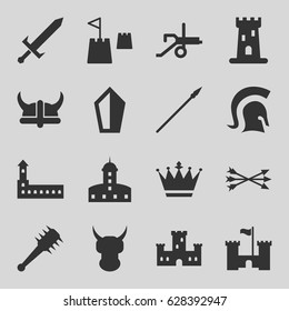 set of 16 medieval filled icons such as castle, crown, castle tower, knight, sword, arrow bow, helmet, mace, spear