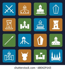  set of 16 medieval filled and outline icons such as castle, spear, sword