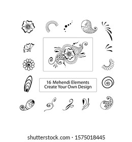 Set of 16 mehendi elements, flowers, windings, paisleys, spirals, dots. Kit of isolated white elements with black outline, 
easy to combine, overlap for making a design, for prints, game