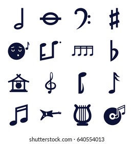 set of 16 melody filled icons such as gong, emoji listening music, treble clef, bass clef, music note, musical sharp, bemol, harp, disc and music note