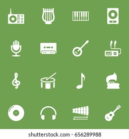 Set Of 16 Melody Icons Set.Collection Of Amplifier, Radio, Retro Disc And Other Elements.