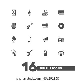 Set Of 16 Melody Icons Set.Collection Of Audio Device, Karaoke, Radio And Other Elements.
