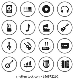Set Of 16 Melody Icons Set.Collection Of Audio Device, Octave Keyboard, Rhythm Motion And Other Elements.