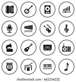 Set Of 16 Melody Icons Set.Collection Of Karaoke, Amplifier, Lyre And Other Elements.