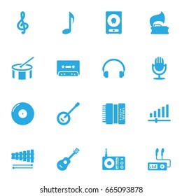 Set Of 16 Melody Icons Set.Collection Of Karaoke, Turntable, Audio Device And Other Elements.