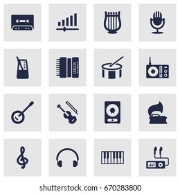 Set Of 16 Melody Icons Set.Collection Of Quaver, Tambourine, Karaoke And Other Elements.