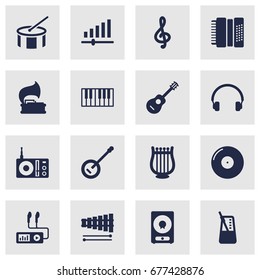 Set Of 16 Melody Icons Set.Collection Of Turntable, Audio Device, Rhythm Motion And Other Elements.