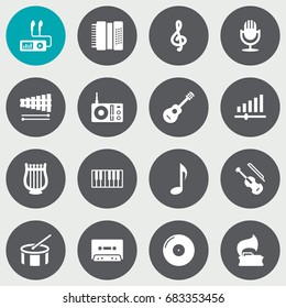 Set Of 16 Melody Icons Set.Collection Of Tape, Acoustic, Radio And Other Elements.