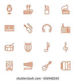 Set Of 16 Melody Outline Icons Set.Collection Of Amplifier, Fiddle, Headphones And Other Elements.