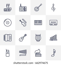 Set Of 16 Melody Outline Icons Set.Collection Of Wooden Block, Vinyl, Acoustic And Other Elements.
