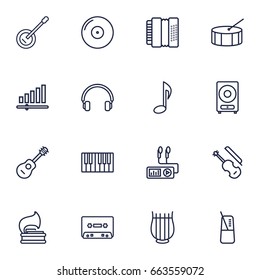 Set Of 16 Melody Outline Icons Set.Collection Of Vinyl, Headphones, Fiddle And Other Elements.