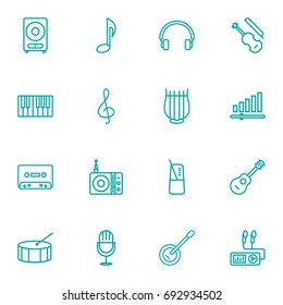 Set Of 16 Melody Outline Icons Set.Collection Of Amplifier, Record, Fiddle And Other Elements.