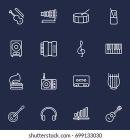Set Of 16 Melody Outline Icons Set.Collection Of Harmonica, Fortepiano, Pace And Other Elements.