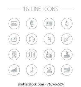 Set Of 16 Melody Outline Icons Set.Collection Of Turntable, Record, Harmonica And Other Elements.