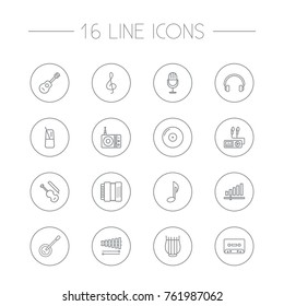 Set Of 16 Melody Outline Icons Set.Collection Of Stringed, Wooden Block, Acoustic And Other Elements.