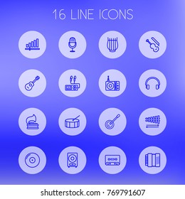 Set Of 16 Melody Outline Icons Set.Collection Of Amplifier, Audio Level, Fiddle And Other Elements.