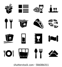 Set of 16 menu filled icons such as spoon and fork, plate fork and spoon, taco, chinese fast food, pizza, noodles fast food, napkin, menu, drink