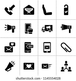 Set of 16 message filled icons such as mail, paper clip, incoming call, connection, megaphone, phone, chair, need cleaning, love letter, sale message on phone, message