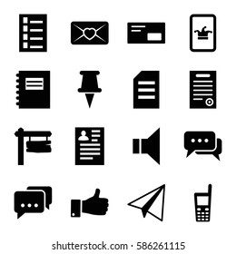Set of 16 message filled icons such as paper airplane, document, Poker on phone, resume, direction board, love letter, old phone, thumb up, megaphone, pin