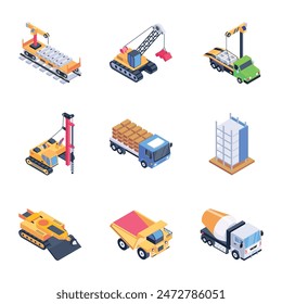 Set of 16 Mining Machinery Isometric Icons 

