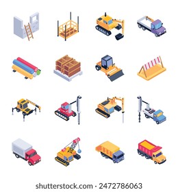 Set of 16 Mining Machinery Isometric Icons 

