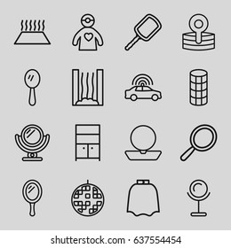 set of 16 mirror outline icons such as police car, mirror, hairdresser peignoir, powder, hair curler, wardrobe, medical reflector