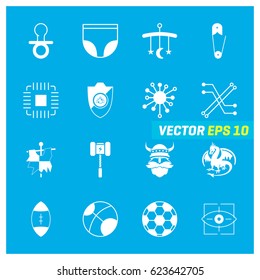 Set of 16 Mix Icons on Blue Background. EPS 10