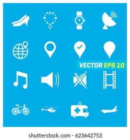 Set of 16 Mix Icons on Blue Background. EPS 10