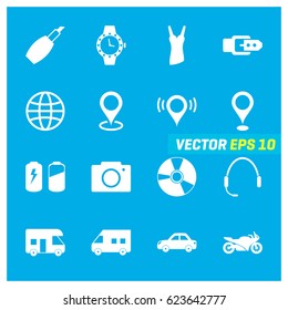 Set of 16 Mix Icons on Blue Background. EPS 10