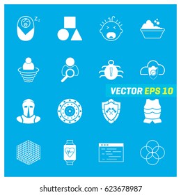 Set of 16 Mix Icons on Blue Background. EPS 10