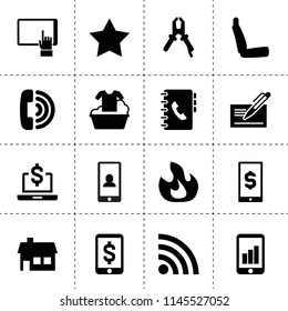 Set of 16 mobile filled icons such as fire, house, pliers, call, phone, chair, clothes washing, star, cheque, dollar sign on mobile phone, tablet, address book, graph on phone