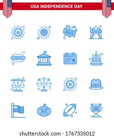 Set of 16 Modern Blues pack on USA Independence Day american; bank; ice; hot i; dog Editable USA Day Vector Design Elements