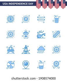 Set of 16 Modern Blues pack on USA Independence Day stage; usa; bottle; usa; police Editable USA Day Vector Design Elements