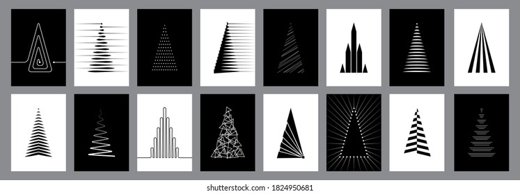 Set Of 16 Modern Christmas Cards With Abstract Pine Tree Design In Black And White