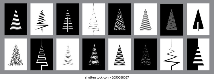 Set of 16 modern Christmas cards with abstract pine tree design in black and white (vol 2)