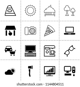 Set of 16 modern filled and outline icons such as storage, pc, car shop, computer, sun and cloud, glasses, graph on display, laptop, tree, axe, sun, coffee machine