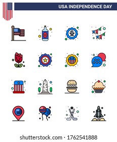 Set of 16 Modern Flat Filled Lines pack on USA Independence Day flower; party; bird; decoration; american Editable USA Day Vector Design Elements