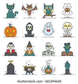 A set of 16 modern flat line style icons for Halloween. Contain cute characters and items: bat, cat, cauldron, death, ghost, hand, mummy, owl, potion, pumpkin, skull, spider, vampire, witch
