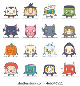 A set of 16 modern flat line style cute characters for Halloween: vampire, witch, monster, zombie, mummy, bat, cat, clown, death, devil, ghost, mask, owl, pumpkin, skull, spider.