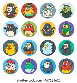 A set of 16 modern flat line style cute characters for Halloween: vampire, witch, monster, zombie, mummy, bat, cat, clown, death, devil, ghost, mask, owl, pumpkin, skull, spider.