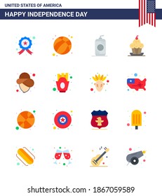 Set of 16 Modern Flats pack on USA Independence Day usa; sweet; bottle; muffin; cake Editable USA Day Vector Design Elements