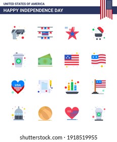 Juego de 16 paquetes de Modern Flats con el dólar del Día de la Independencia de Estados Unidos; cola; americano; botella; bbq Editable USA Day Vector Design Elements