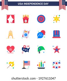 Set of 16 Modern Flats pack on USA Independence Day building; star; holiday; police; badge Editable USA Day Vector Design Elements