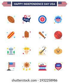 Set of 16 Modern Flats pack on USA Independence Day cold; hotdog; dollar; american; international flag Editable USA Day Vector Design Elements