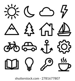 A set of 16 modern line icons featuring various symbols and objects, suitable for business presentations, marketing materials, websites, and social media, including concepts like travel, transportation, and office work.