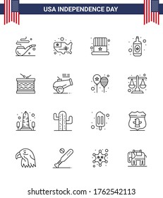 16 Modern Lines Pack zur Parade des Unabhängigkeitstages der USA; Instrument; Kappe, Trommel; Flasche Bearbeitbar USA Day Vectordesign Elements