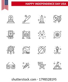 Set of 16 Modern Lines pack on USA Independence Day party; celebrate; usa; balloons; usa Editable USA Day Vector Design Elements