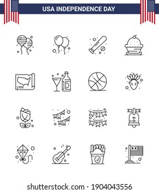 Set of 16 Modern Lines pack on USA Independence Day thanksgiving; muffin; ball; dessert; usa Editable USA Day Vector Design Elements
